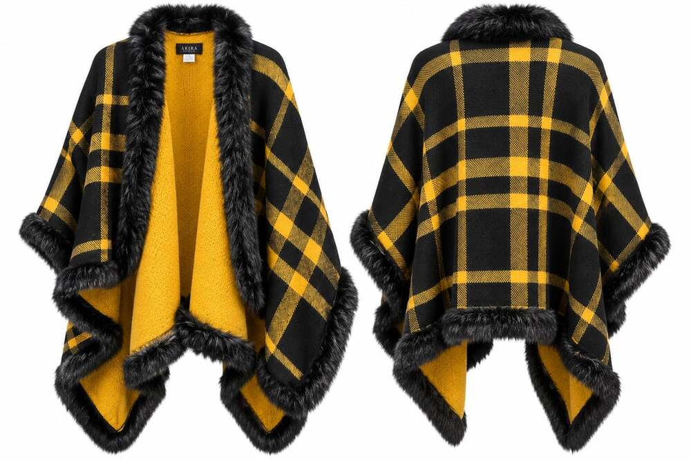 Akira Galla Yellow Plaid Faux Fur Trim Cape Poncho